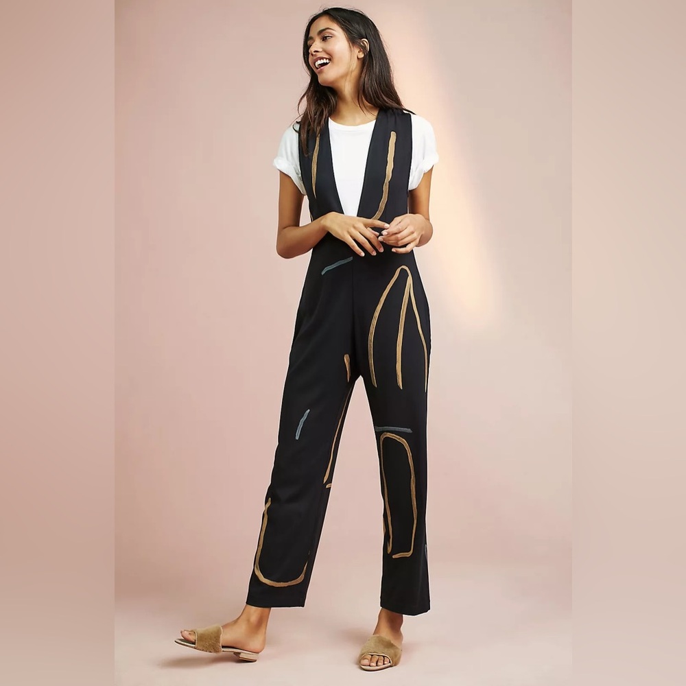 Paloma Wool Black Wide-Leg Sleeveless Jumpsuit with Abstract Tan & Blue Prints